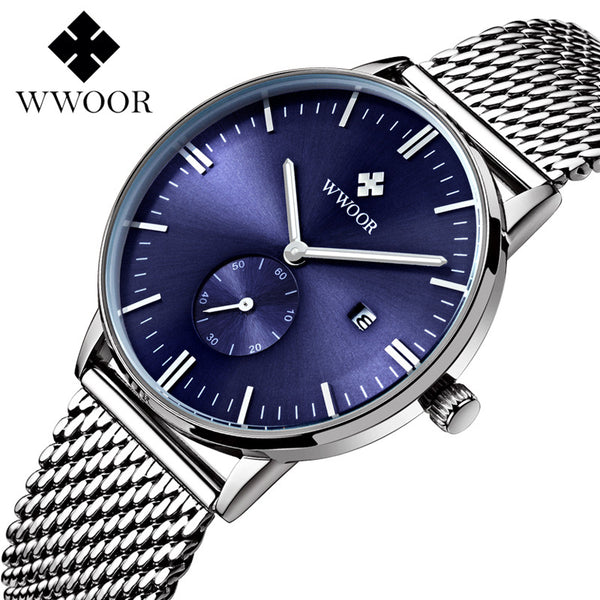 Water Resistance Watches Men Brand WWOOR  Men's Quartz-Watch Business Dress Watch Blue Dial Men Wristwatch relogio masculino